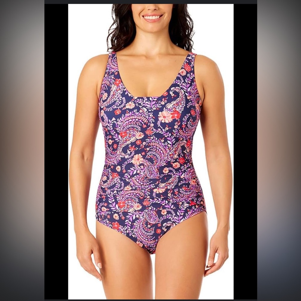 LANDS END One Piece Swimsuit Purple Peach Paisley Size XS Classic Swimming Ocean